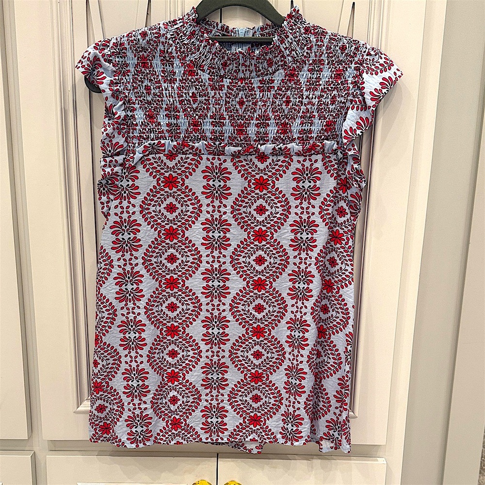 The Impeccable Pig Blue and Red Floral Smocked Top